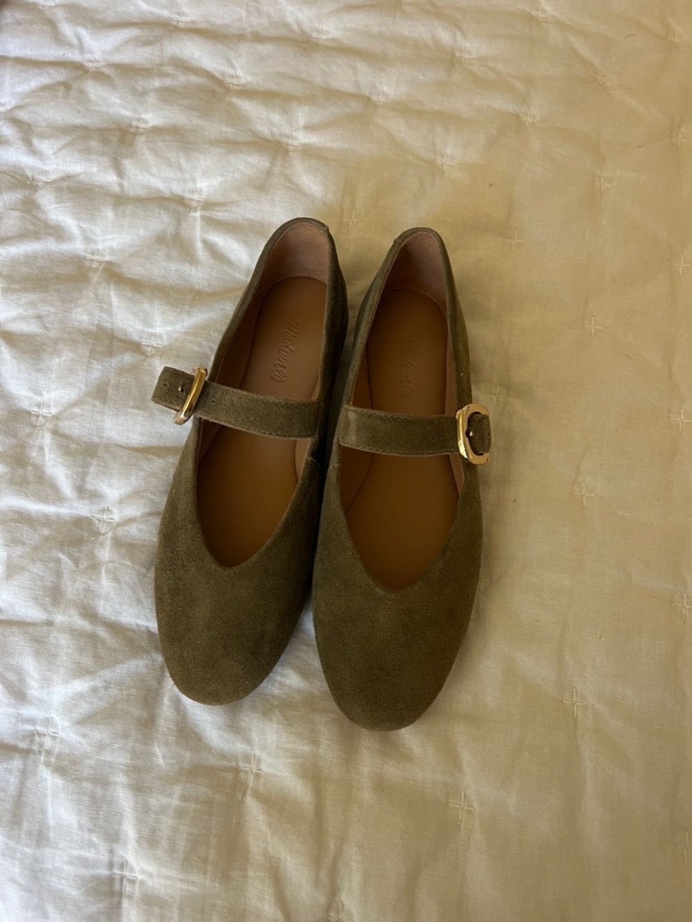 Madewell Olive Suede Mary Jane Flats with Gold Buckles